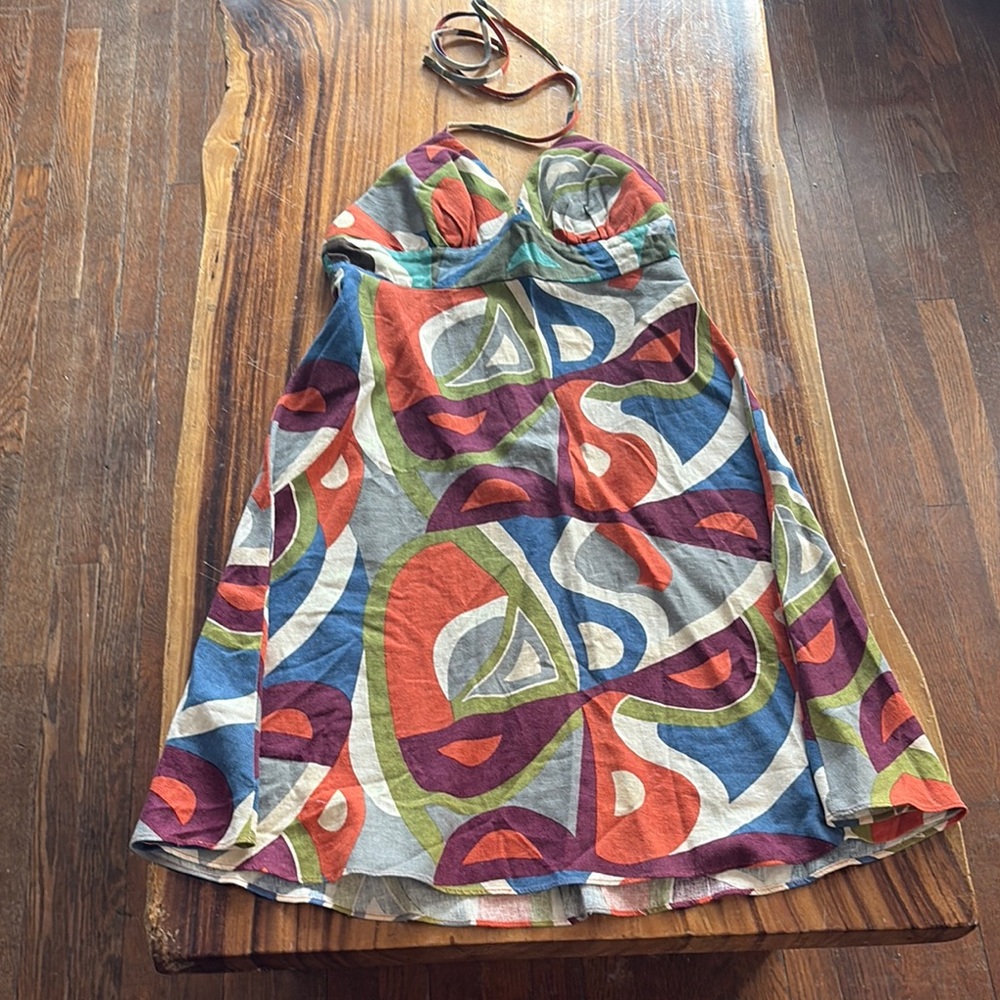 RUBBER DUCKY halter linen dress 70s inspired print